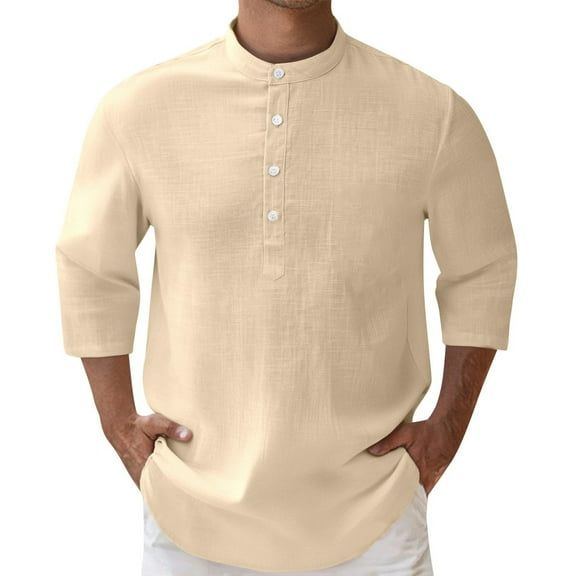 Wyobmus Mens 3/4 Sleeve Henley Shirts Casual Lightweight Tees Tops Summer Button Up Dress Shirts Crew Yoga Hippie Tops Khaki