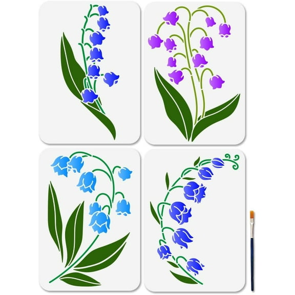 4Pcs Lily of The Valley Stencils for Painting 11.7×8.3inch Lily Flower Bouquet Painting with Paint Brush Reusable Bell Plant Leaf Templates for Wood Wall Window DIY Craft Home Decor