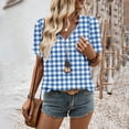 thumbnail image 5 of CIENVNSTG Plaid Tops for Women V Neck Short Sleeve Loose Tops Summer Casual Plaid Printed Tunic Shirts Daily Work Blouses Business Top Dark Blue S, 5 of 6
