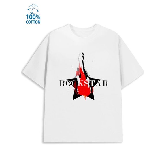 Greenink Rockstar Tee men music 180G 100% Cotton white regular fit guitar Original Unisex Shirt Graphic Tee tshirts Trendy Unisex Shirt Crewneck tshirts Unique Design Unisex Shirt Printed tshirts