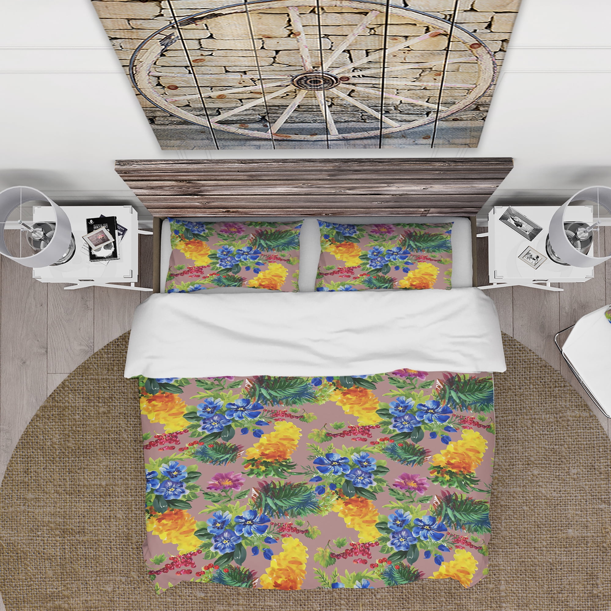 Designart 'Blue and Yellow and Pink Flower with Little Red Berries' Abstract Duvet Cover Set