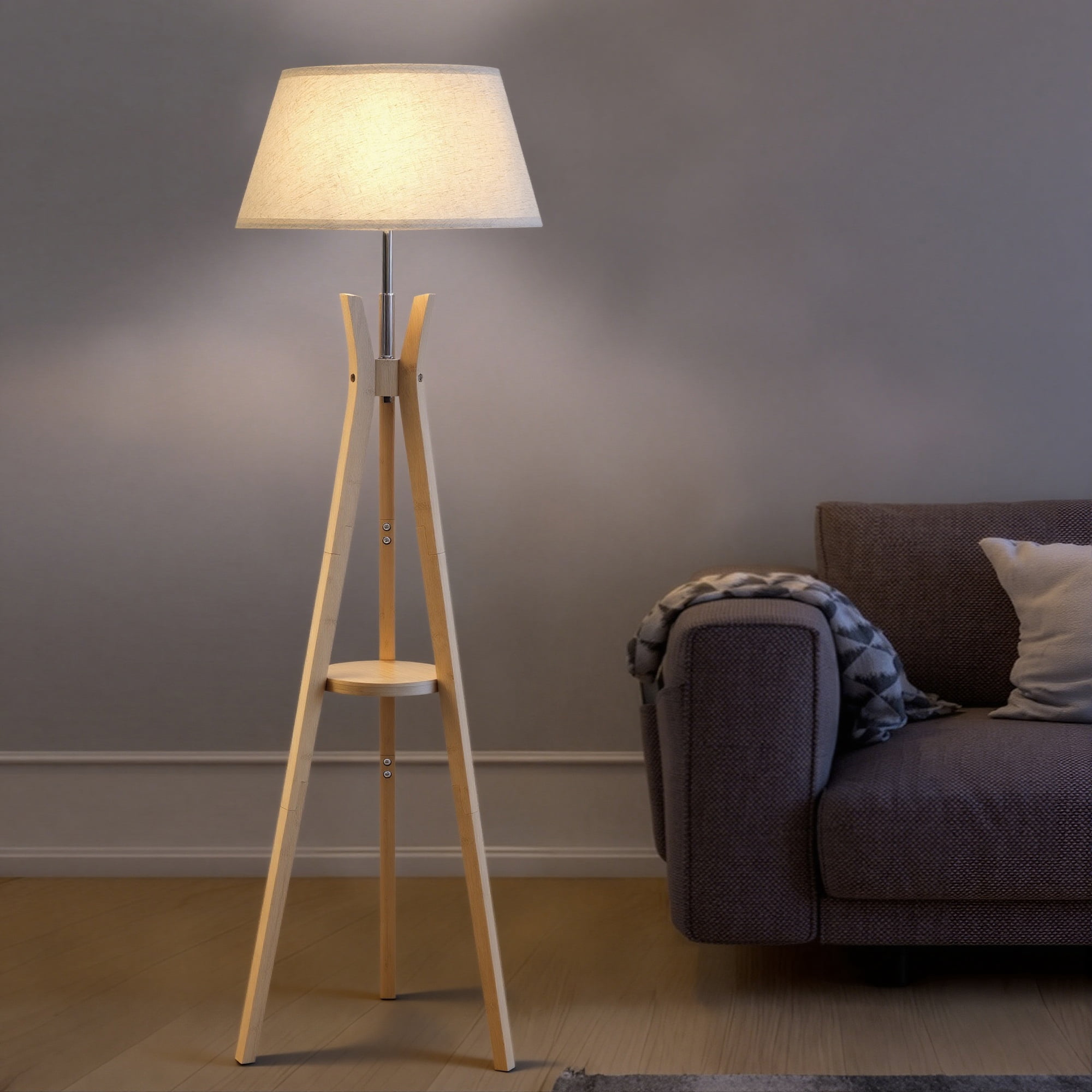 Bamboo Tripod Floor Lamp with Shelves,Mid Century Standing Lamp,Modern Design Studying Light for Living Room,Bedroom,Study Room and Office,Beige Linen Lamp Shade with E26 Base,Natural