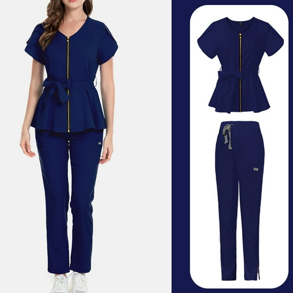 WULMLEO Womens Scrub Sets 2 Piece V Neck Soft Comfortable Scrubs Outfits Stretch Short Sleeve Fashion Nursing Workwear Tops and Pants Medical Trendy Petite Nurse Uniform Navy S