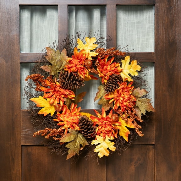 Northlight Mums and Acorns Glittered Artificial Fall Harvest Floral Twig Wreath - 22"