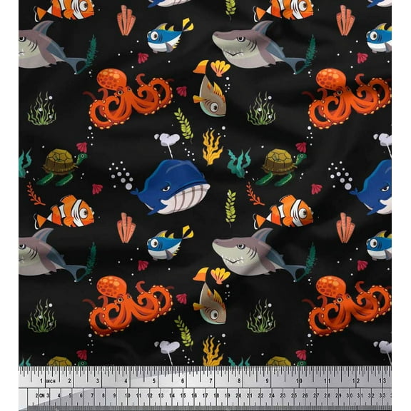 Soimoi Cotton Duck Fabric Coral,Whale & Jellyfish Ocean Print Fabric by Yard 42 Inch Wide