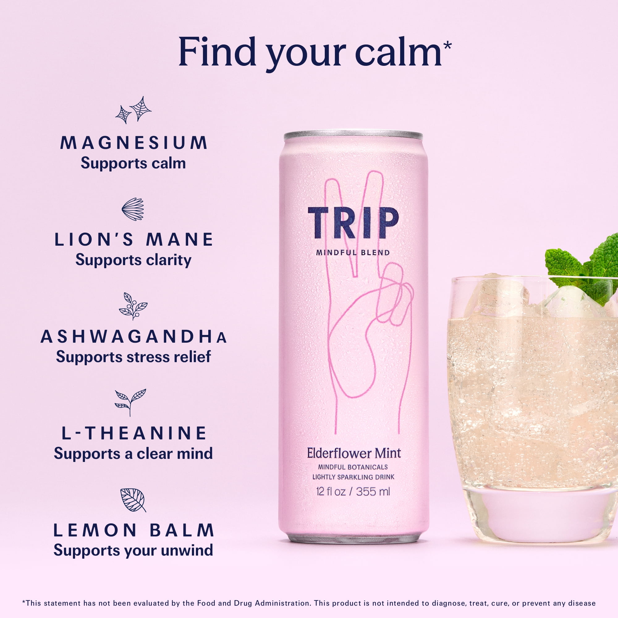 TRIP Sparkling Magnesium Drink, Elderflower Mint Flavor, 12 oz, 12 Pack, Adaptogen Drink With Ashwagandha and Lions Mane