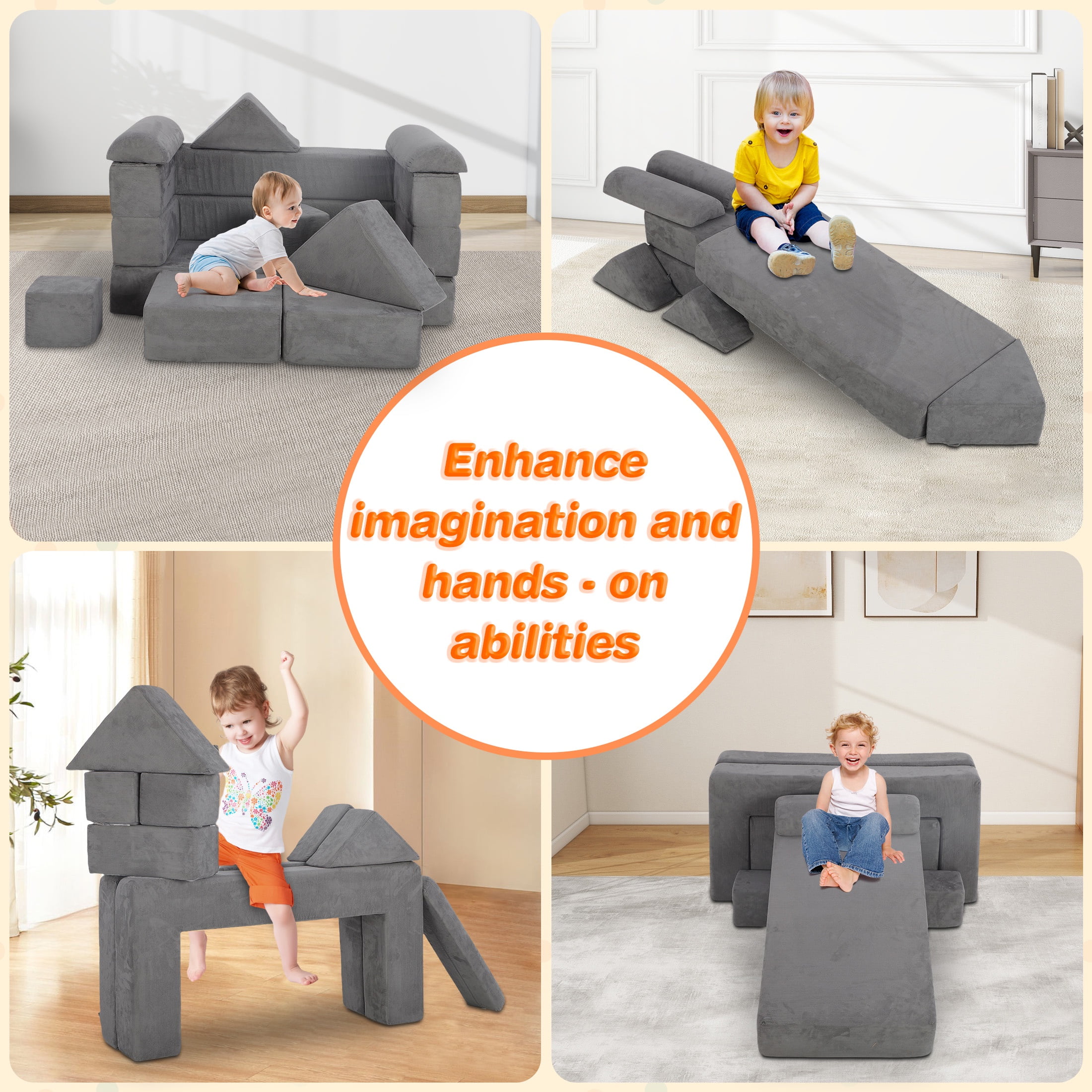 HSUNNS Modular Kids Couch Play Set, 12 PCS Indoor Sponge Sofa for Playroom and Living Room, Gray