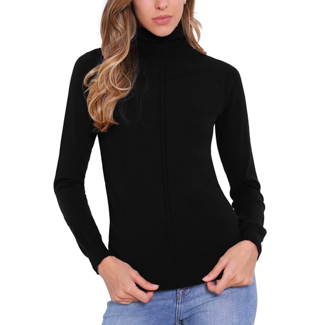 Suéter de cuello alto Inspire Chic para mujer, blusa de punto acanalado de manga larga, XS, negro