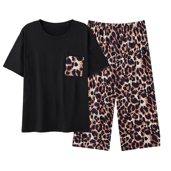 BOOMNY Womens Pajama Set 2 Peice Pajamas for Women Set Leopard Graphic Plus Sized Long Sleeve Pjs Tops Capri Pants Sleepwear Outfit Cozy Soft Homewear Loungewear