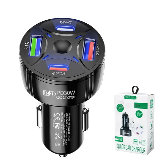 63W 4-Port Super Fast Car Charger Adapter, Dual USB-C & Dual USB Car Phone Charger for iPhone/Samsung/Tablet, 12V Cigarette Lighter Quick Charge Compatible with All Vehicle