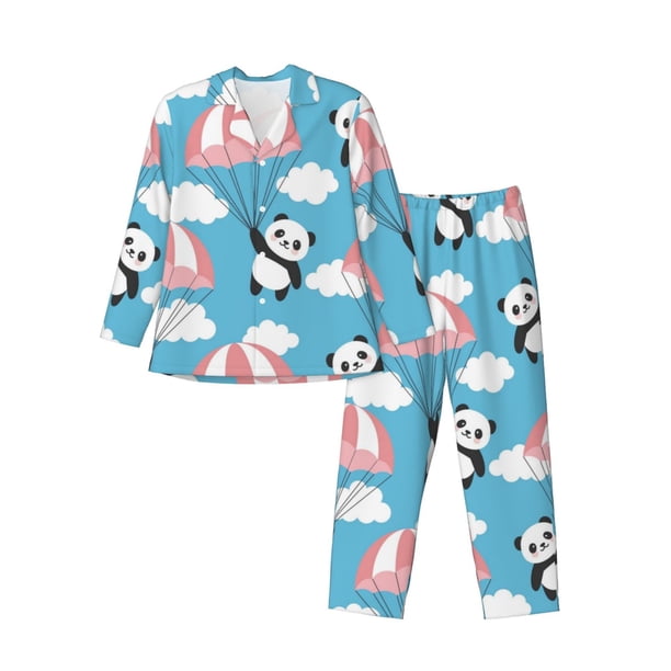 Fotbe Panda Flying in the Sky Pijama de Hombre con Estampado de Manga Larga, Conjunto de 2 Piezas, Ropa de Dormir Suave y Cómoda con Bolsillos-XX-Large