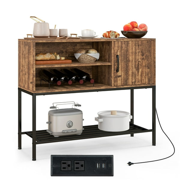 Gymax Buffet Sideboard w/ Power Outlets & USB Ports Wine Racks & Storage Shelves Rustic Brown & Black