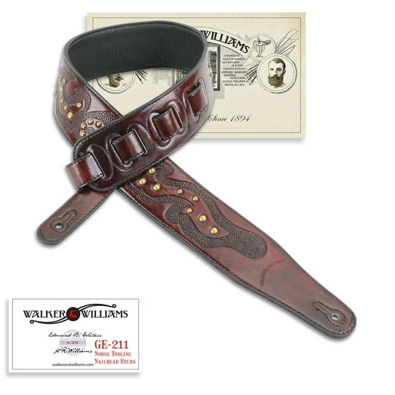 Walker & Williams GE-211 Antique Mahogany Strap with Viking Tooling & Nailhead Studs