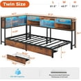 thumbnail image 2 of Aunfebrco Twin Size Corner Bed Frame with Charging Station and Led Lights, Metal Daybed Platform Bed Frame with Bookcase Storage & 2 Drawers for Bedroom, Rustic Brown, 2 of 9