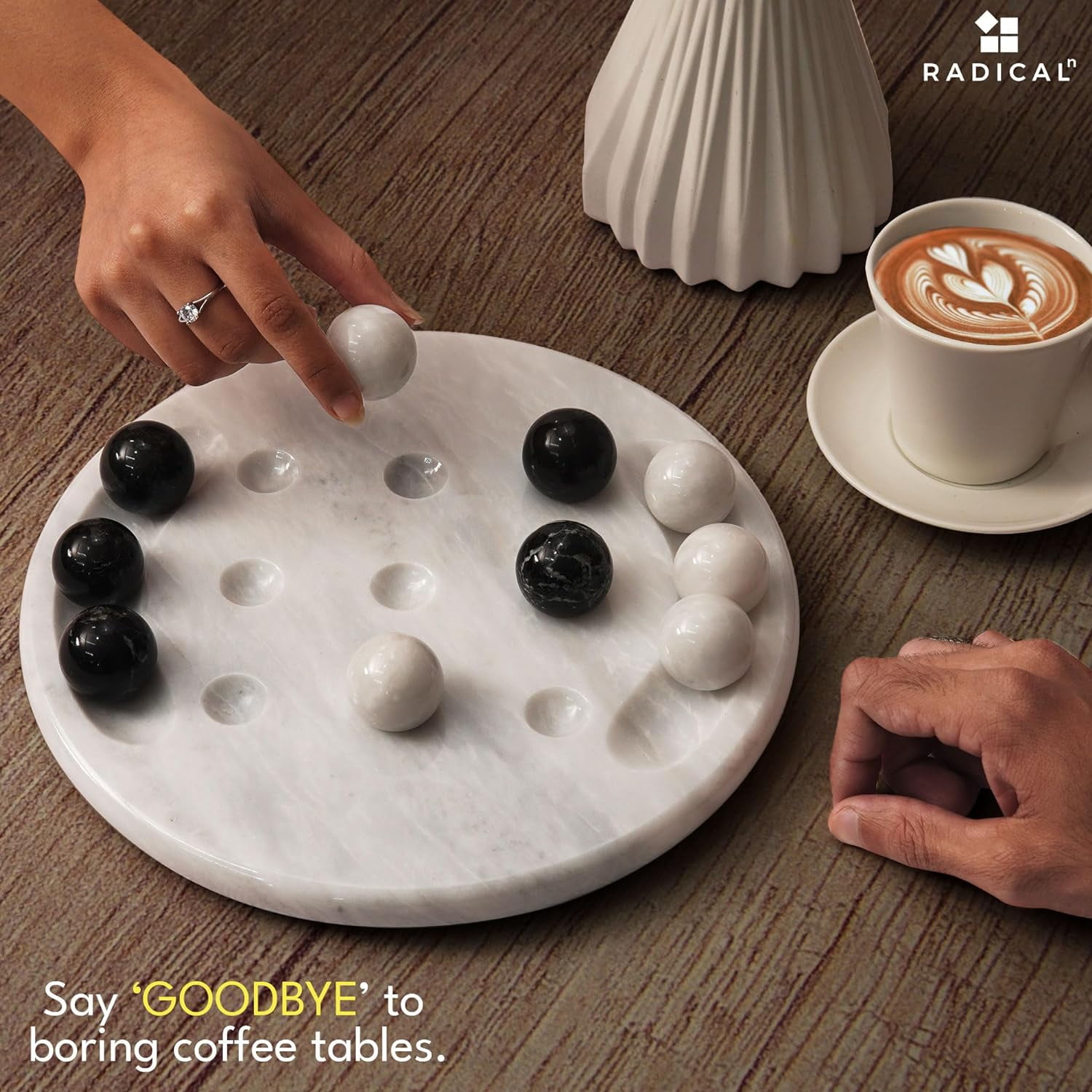 Radicaln Marble Tic Tac Toe 10" Black & White Luxury Board & Lawn Game for Adults, Smart Gift Idea, Minimalist Coffee Table Decor & Conversation Piece