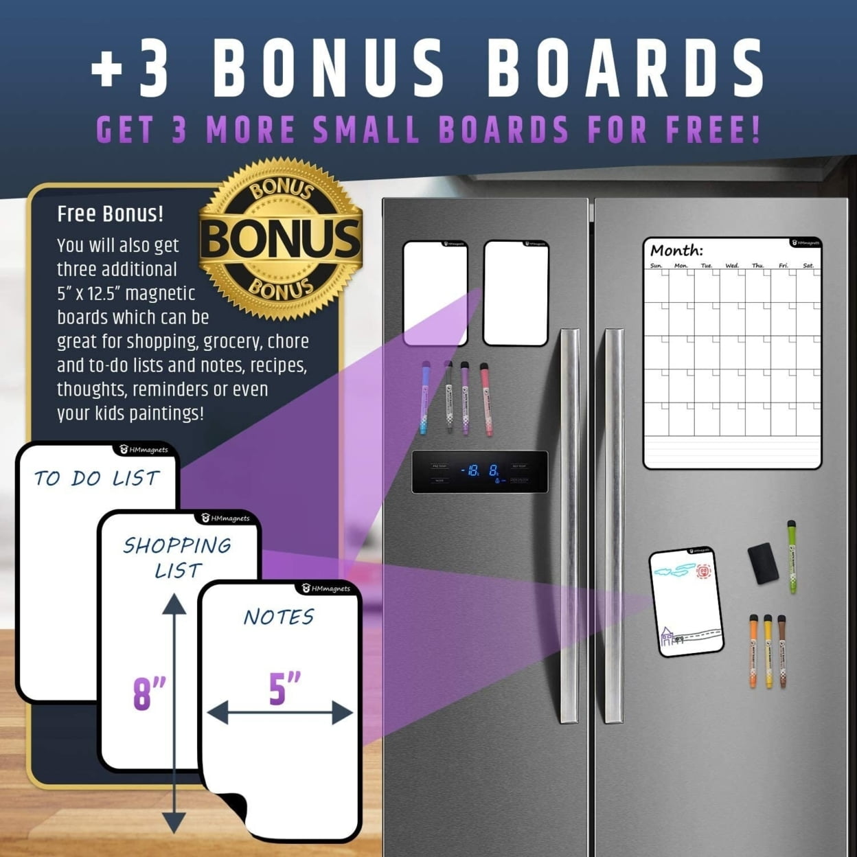 Large Dry-Erase Magnetic Monthly Calendar + Free Bonus: 3 Grocery/to-Do List Whiteboards (Organizer/Planner) for Kitchen Fridge - Full Set: 8 Markers + Eraser | Stain Free | Vertical