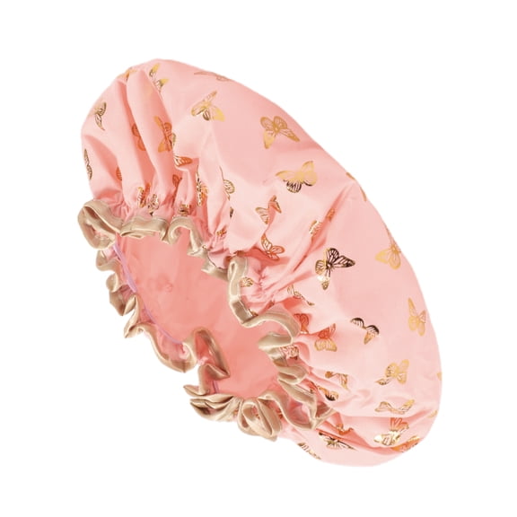 Unique Bargains Women Double Layer Gilded Butterfly Shower Cap 1 Pc Pink