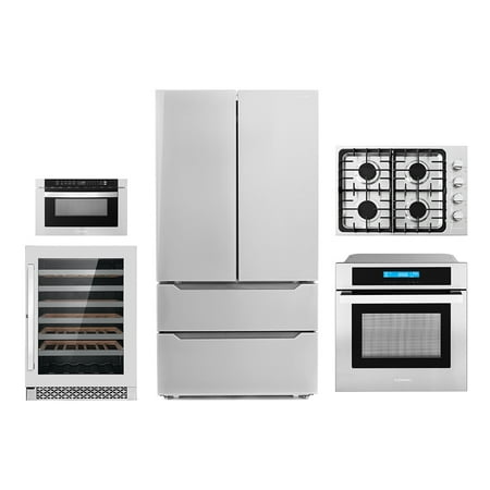 5 Piece Kitchen Package With 30  Gas Cooktop 24  48 Bottle Single Zone Freestanding Wine Refrigerator 24  Single Electric Wall Oven 24  Built-In Microwave Drawer & French Door Refrigerator