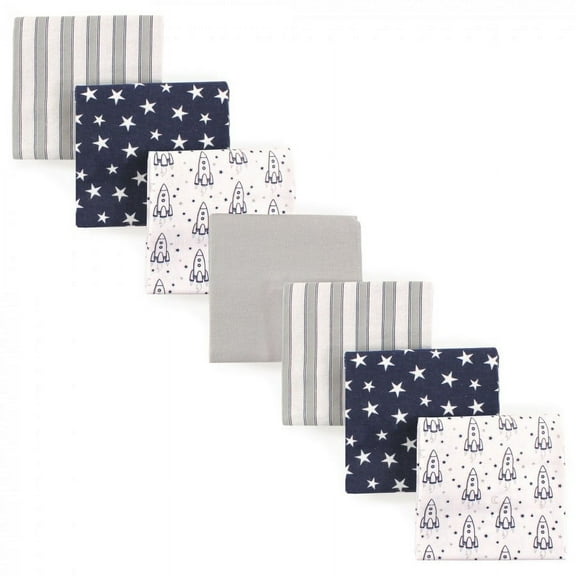 Hudson Baby Infant Boy Cotton Flannel Receiving Blankets Bundle, Rocket Ship, One Size
