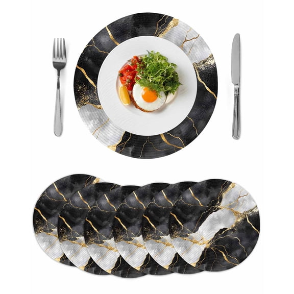 Black And White Gold Round Table Placemats set of 6, Abstract Marble Textured Washable Woven Place Mats for Dining Tables Kitchen Party Decor,Heat Proof, 15in,