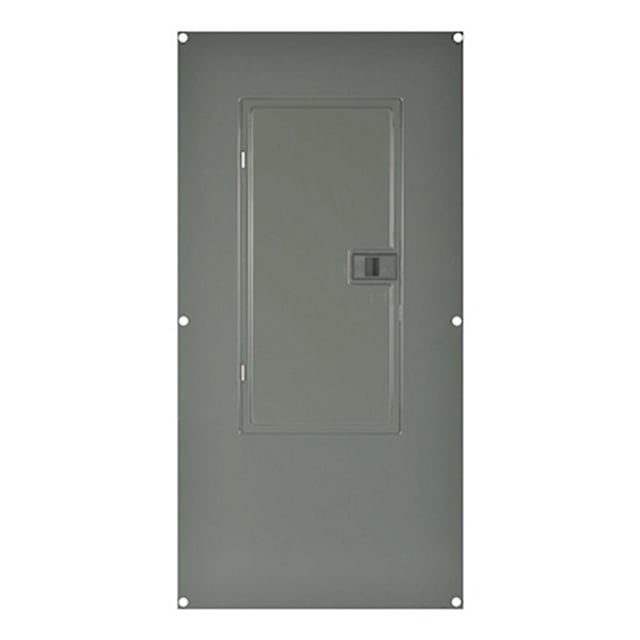 frente para centro de carga 30 espacios tipo de sobreponer square d Frente de sobreponer gris semibrillante modelo Qoc30us-hd, vista frontal centrada con puerta rectangular y manija empotrada, lámina de acero grado NEMA 1 para uso interior y montaje sobreponer; a menudo se utiliza como cubierta de reemplazo en paneles eléctricos existentes.