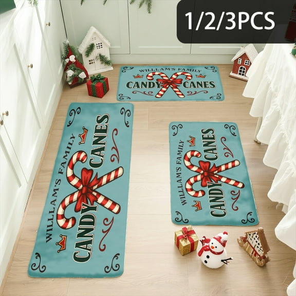 3PCS Kitchen Mat set, Welcome Door Flannel Rug,Home Decor for Front Door,Kitchen, Bathroom, Candy Canes Christmas Theme Design ,Great Christmas Housewarming gift for Family and Friends.