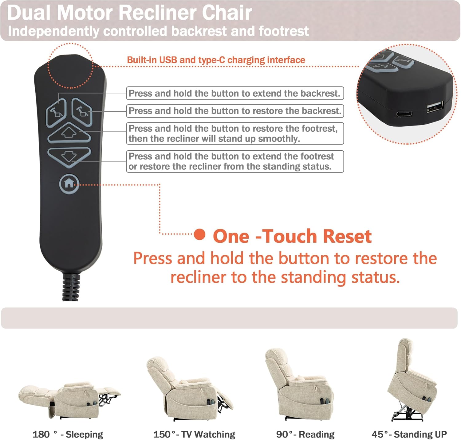 Elderly Power Lift and Heat Recliner with Lumbar Pillow and Cup Holders