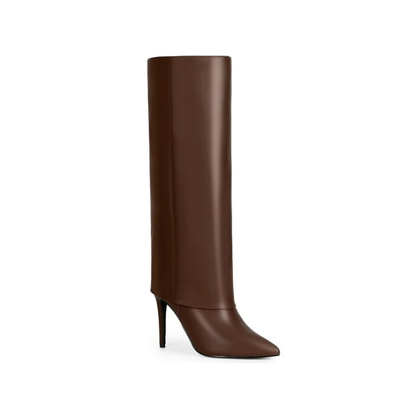 BLISSFUL STEP Women's Boots Fold Over Knee High Stiletto Heel Pointed Toe Side Zip Faux Leather Boots Brown 9.5