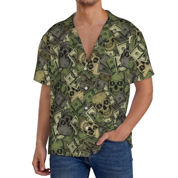 Balery Green Skulls Camisa Casual de Manga Corta con Botones para Hombre, Texturizada, Estilo Cubano, para Playa, Verano-Medium