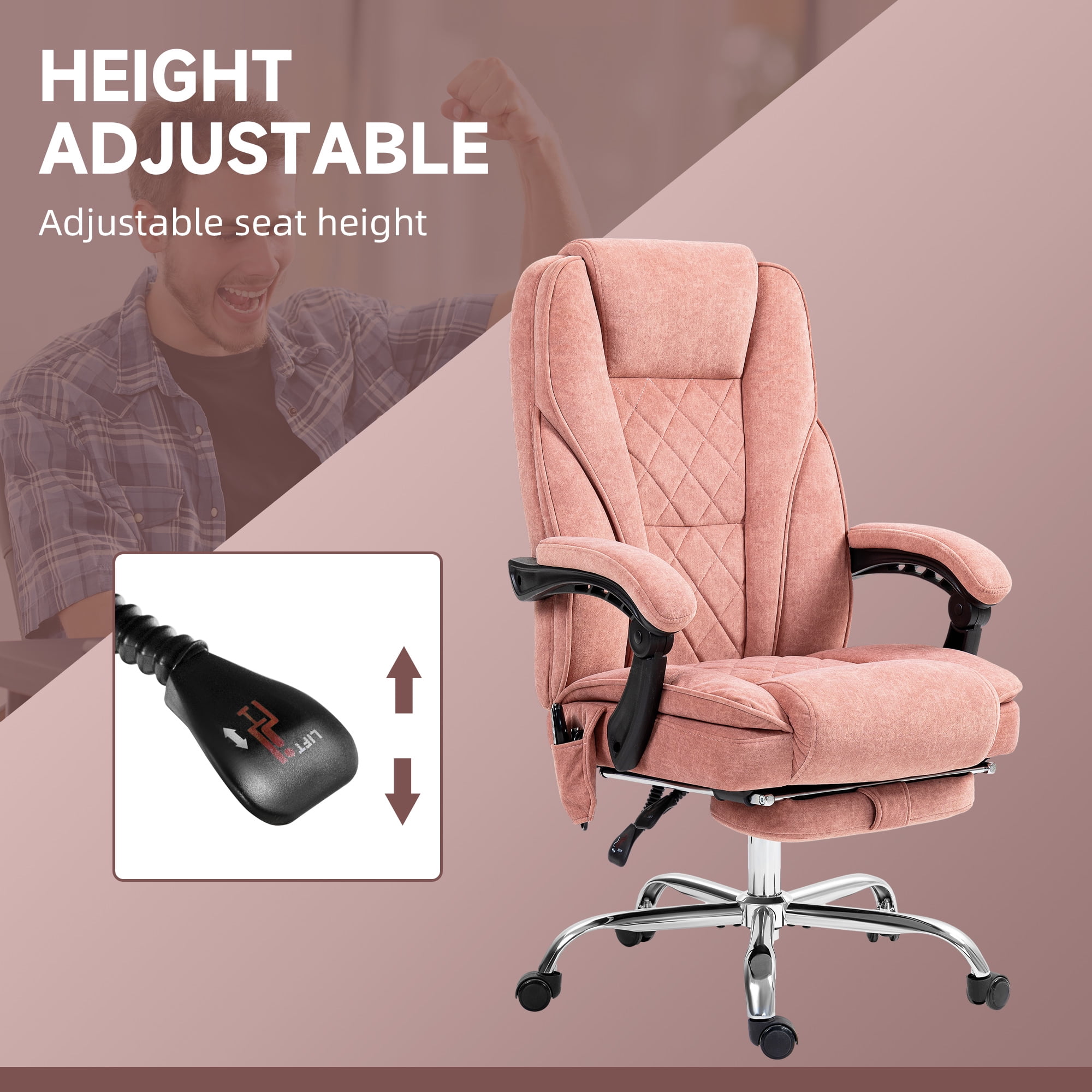 Vinsetto Massage Office Chair with Heat, Reclining, Footrest, Pink