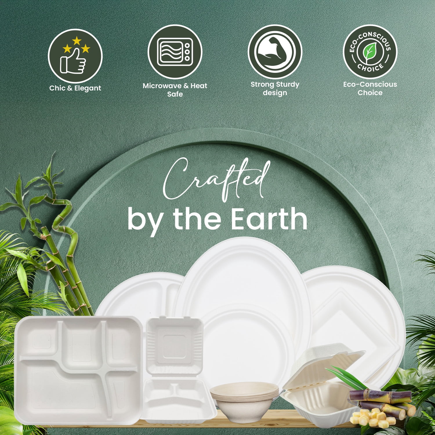 FPN Paper Plates 5-Compartment 125 Pack Disposable Plate– Sugarcane Fiber, Compostable, Paper Plates for Meals, Catering, School Lunch, Microwave & Freezer Safe