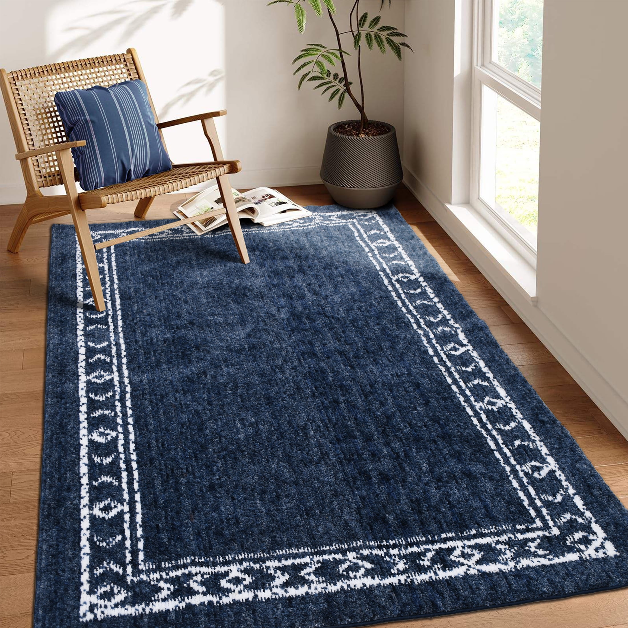 Mainstays Washed Indigo Bordered Tufted Washable Area Rug 5 x 7