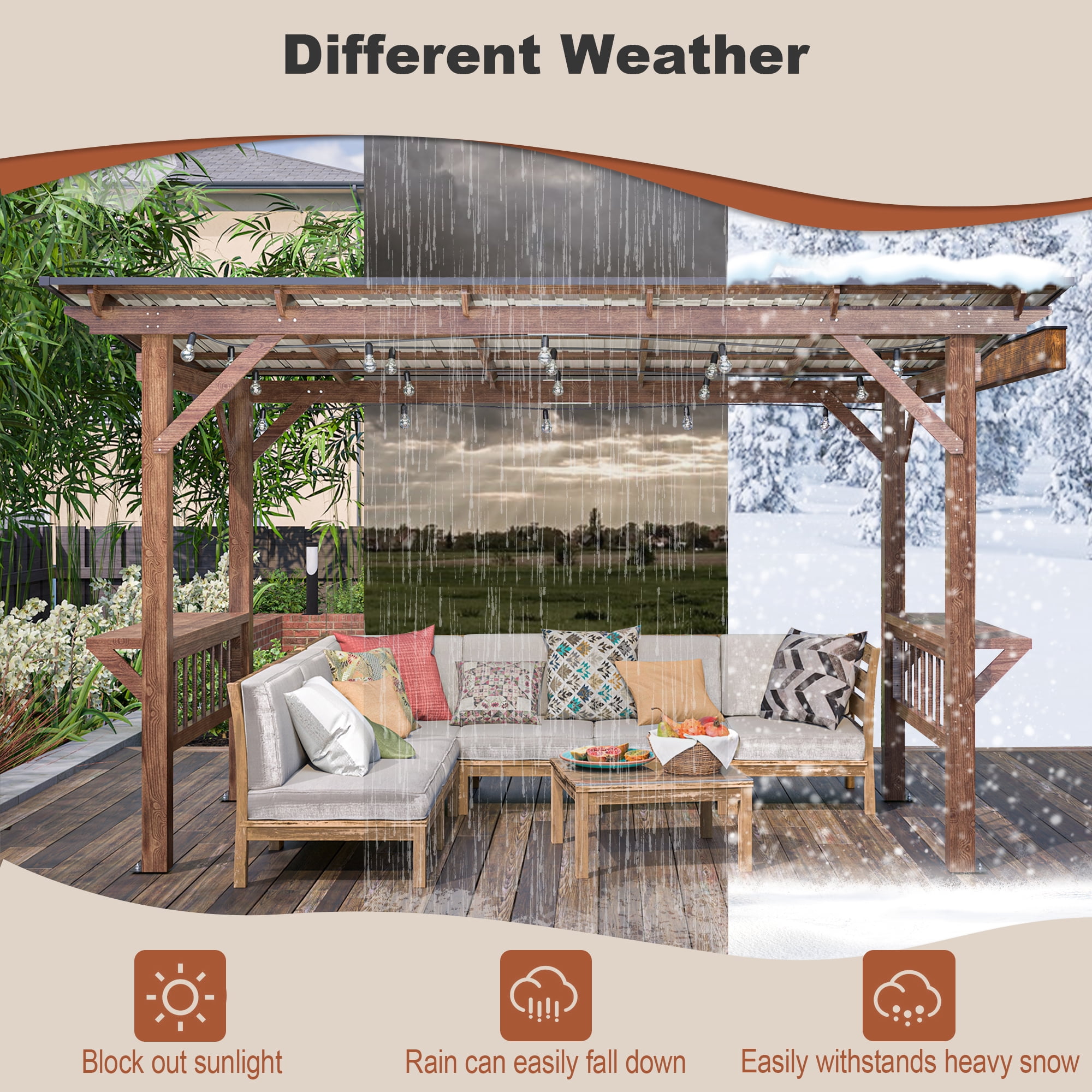 13'x6.5' Wooden Grill Gazebo with Sloping Metal Roof and 60 Pcs Bulbs, Grill Gazebo Suitable for 2 Bar Counters Grills, BBQ Canopy for Outdoor Patio, Lawn, Garden
