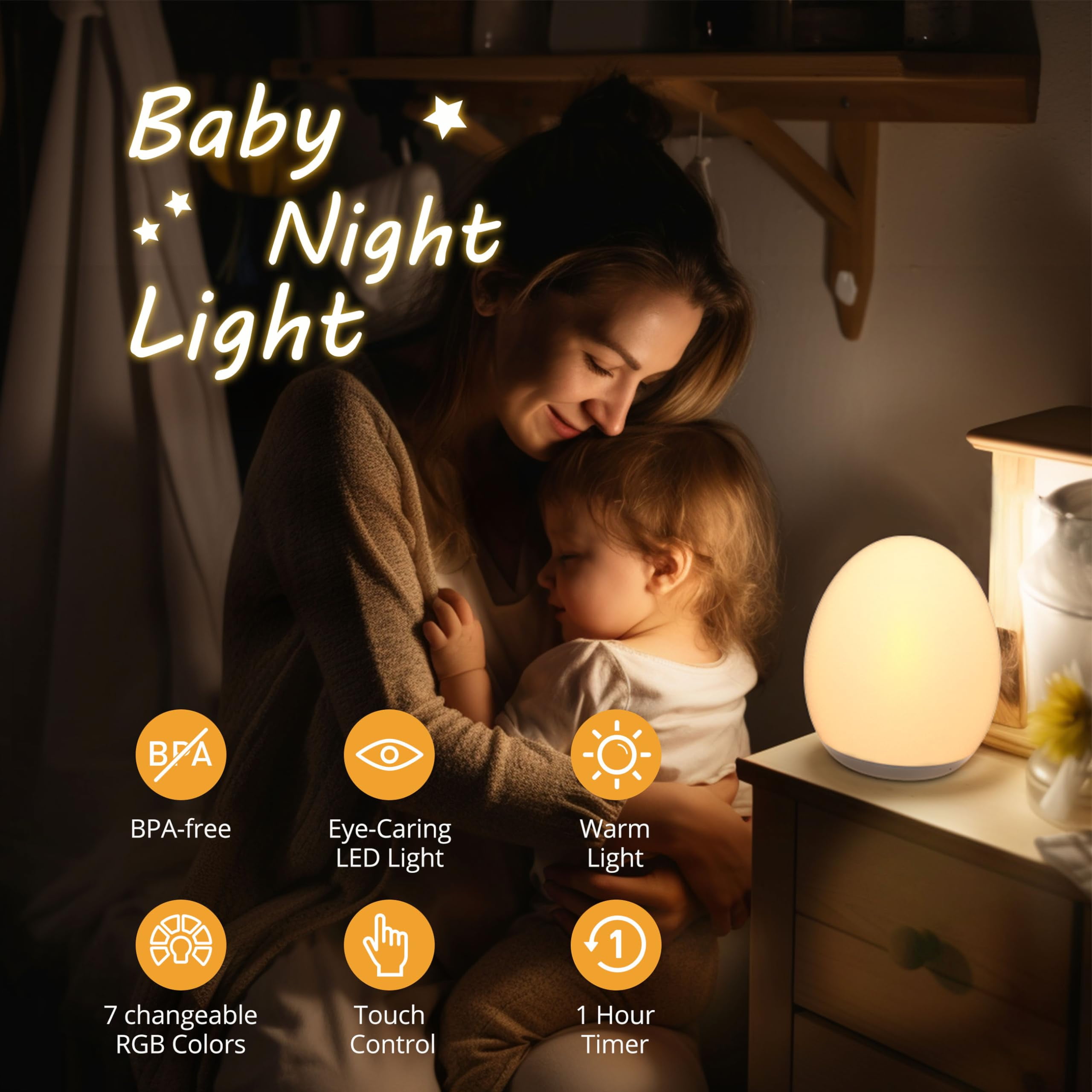 Night Light For Kids Baby Nursery Night Light 7 Colors Changing Stepless Dimming BPA Free Rechargeable Egg Light Touch Control 1H Timer For Breastfeeding