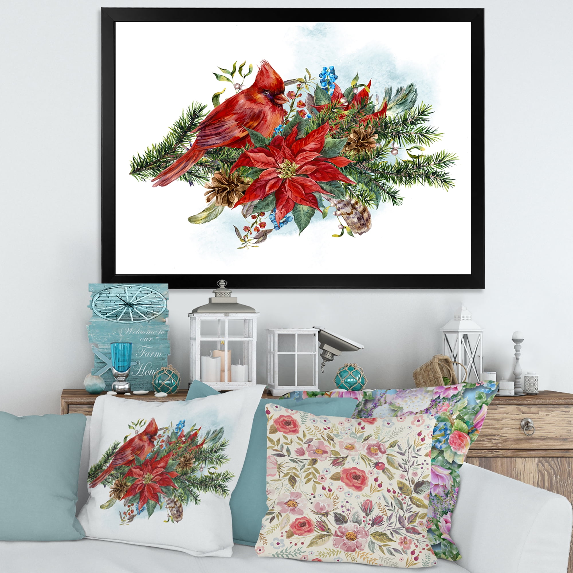 Designart 'Christmas Red Cardinal Bird and Poinsettia' Traditional Framed Art Print