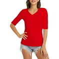 thumbnail image 2 of Womens Slim Fitted T-shirts Polyester Soft Casual V Neck Base Tees Elbow Sleeve Plus Size Summer Tops (5XL, Red), 2 of 6