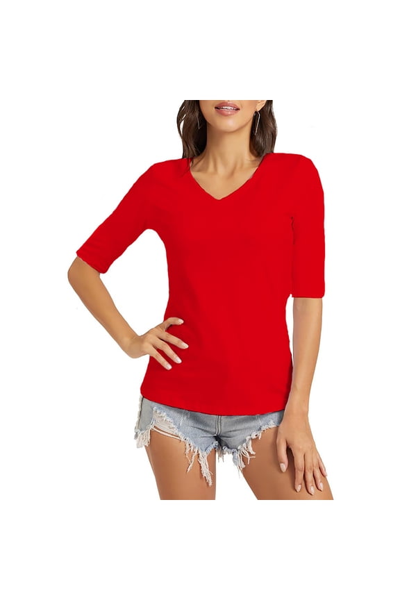 Summer T-Shirts for Women Elbow Length Sleeve V Neck Tops Casual Comfy Basic Plain Color Tee Tops