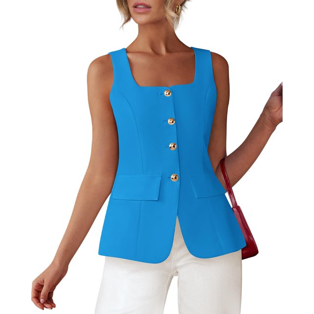 Chaleco elegante y casual blazer BTFBM para mujer, cuello cuadrado, azul