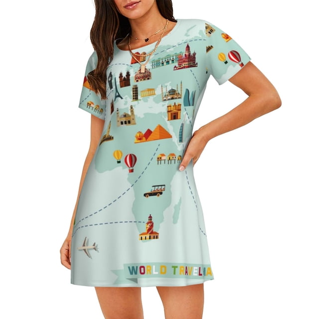 Balery World Travel Map Camisón de manga corta con cuello redondo para mujer, cómodo y elegante.