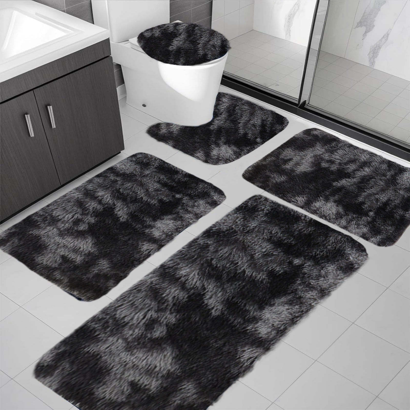 5-Piece Mixed Color Bathroom Rugs Set, Non Slip Long Plush Mat, Water Absorbent Toilet Carpet for Shower Floor