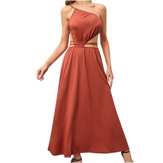 Bigersell Women Sleeveless Summer Dress Fashion Women Casual Solid One-Shoulder Sleeveless Backless Belt Long Dress Women's Plus Ball Gown Dress Style 4182, Female Long Dresses Orange M