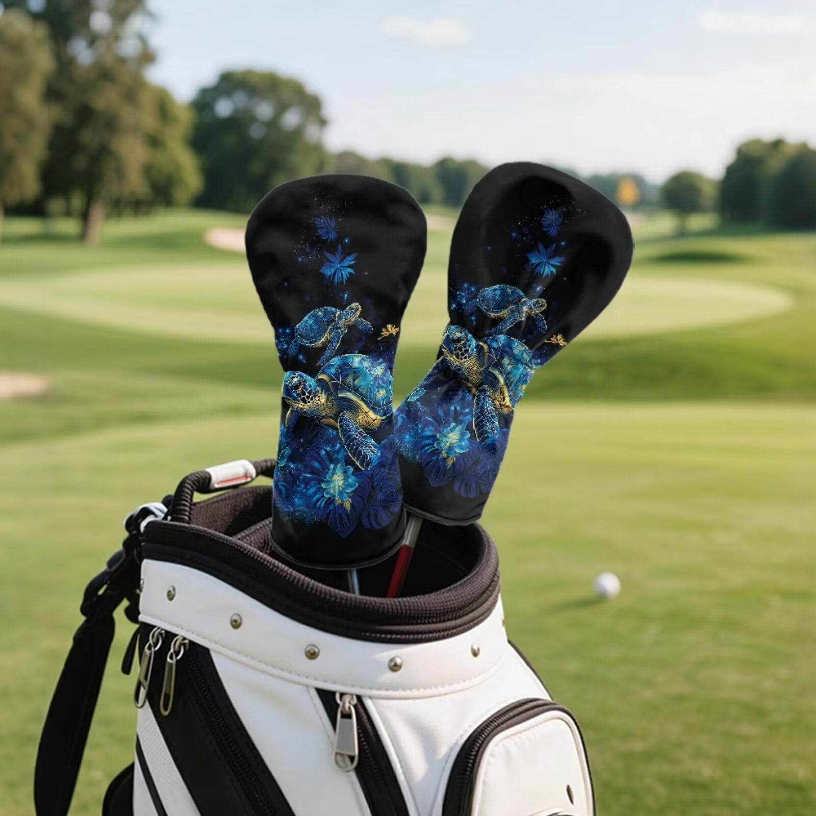 Uorisanigo Blue Turtle Golf Club Head Covers 3-Pack PU Leather Golf Club Headcover Set for Driver Fairway Wood Hybrids, Soft Lined Interior, Double-Layer Elastic Band, Wrinkle-Resistant