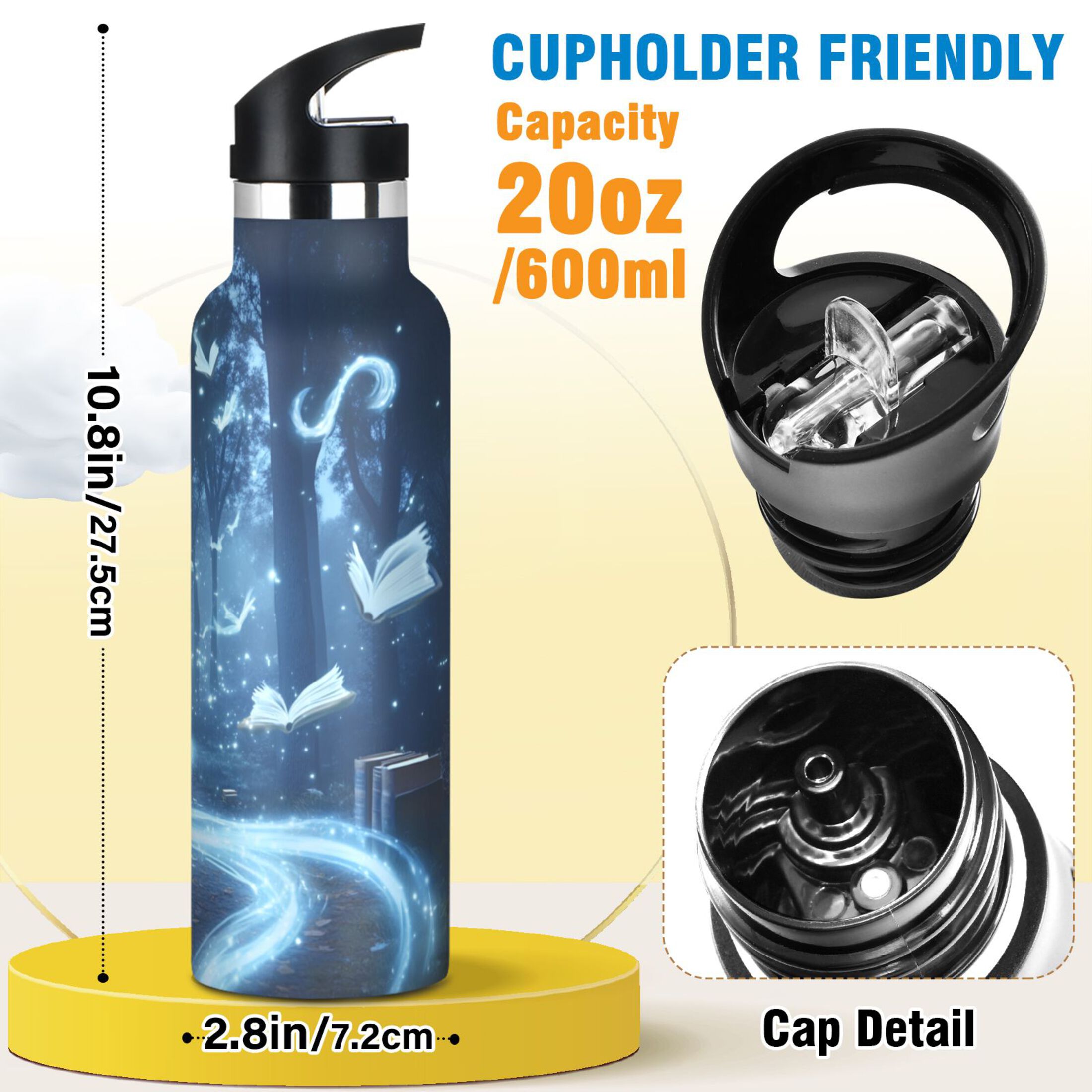Kids Insulated Stainless Steel Sports Water Bottle 600ml (20oz) Books Flying