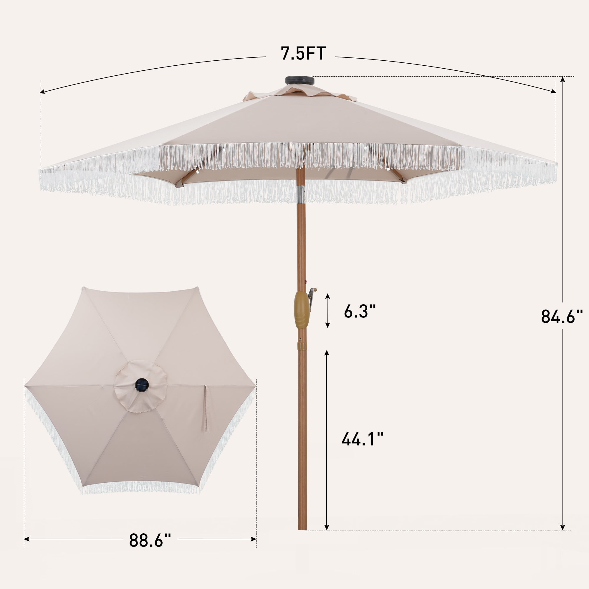 Autlaycil 7.5 ft Khaki Outdoor Solar LED Patio Umbrella with Tassels and Fringe