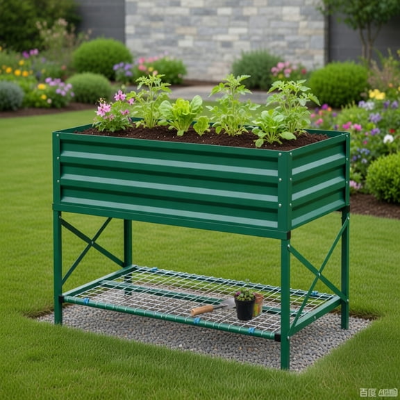 Kadyn Elevated Galvanized Steel Raised Garden Bed with Storage Shelf & Non-Woven Liner – 41.75" L x 21.25" W x 30" H, Green
