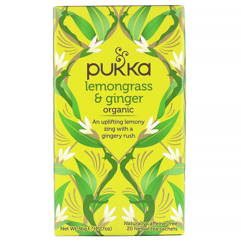Pukka Herbs, Organic Lemongrass & Ginger, Caffeine-Free, 20 Herbal Tea Sachets, 1.27 oz Pack of 3