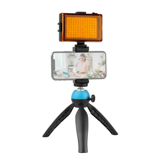 Graflsoa VK-02 Mobile Video Shooting Kit with L104 LED Light (No Battery), Adjustable Phone Clip, and Compact Tripod in Blue