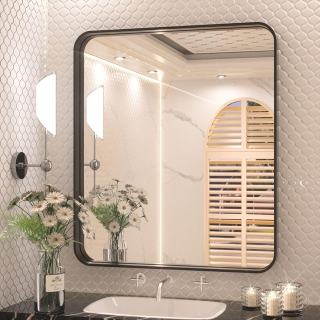 TETOTE 32 x 36 Inch Black Mirror for Bathroom,Vanity Mirror, Modern Rectangle Round Corner Matte Framed Mirror (Horizontal/Vertical)