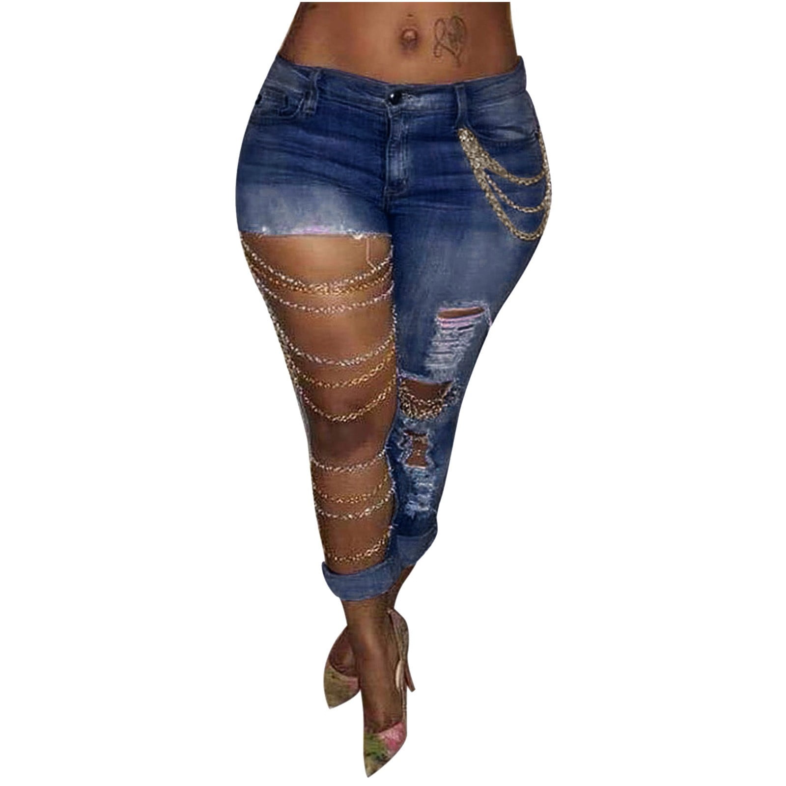 Guieoi Skinny Jeans Plus Size Jeans Women Solid Denim Ripped Chain Big Hole Jeans Trousers Pencil Pants - Walmart.com