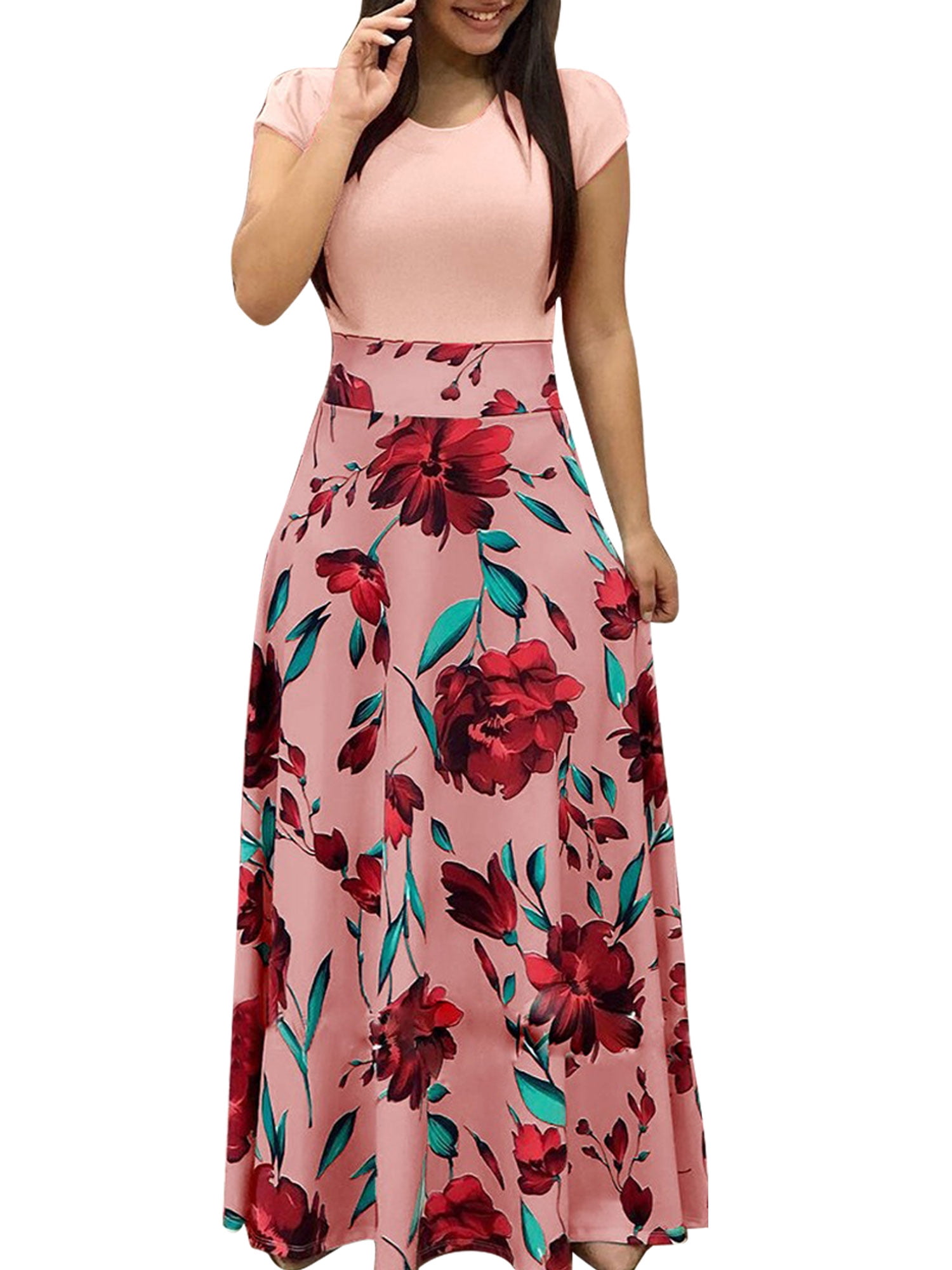 Plus Size Long Sleeve Floral Print Womens Long Dresses Fashion Elegant O Neck Casual Party Work Dress Skirt